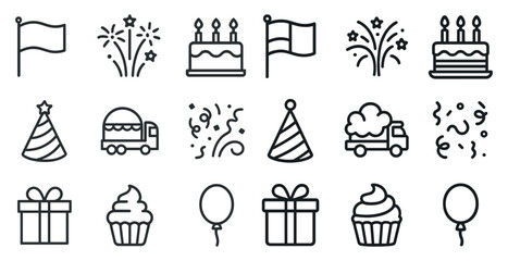 Celebration and party icons set – outline, linear, festive and event symbols