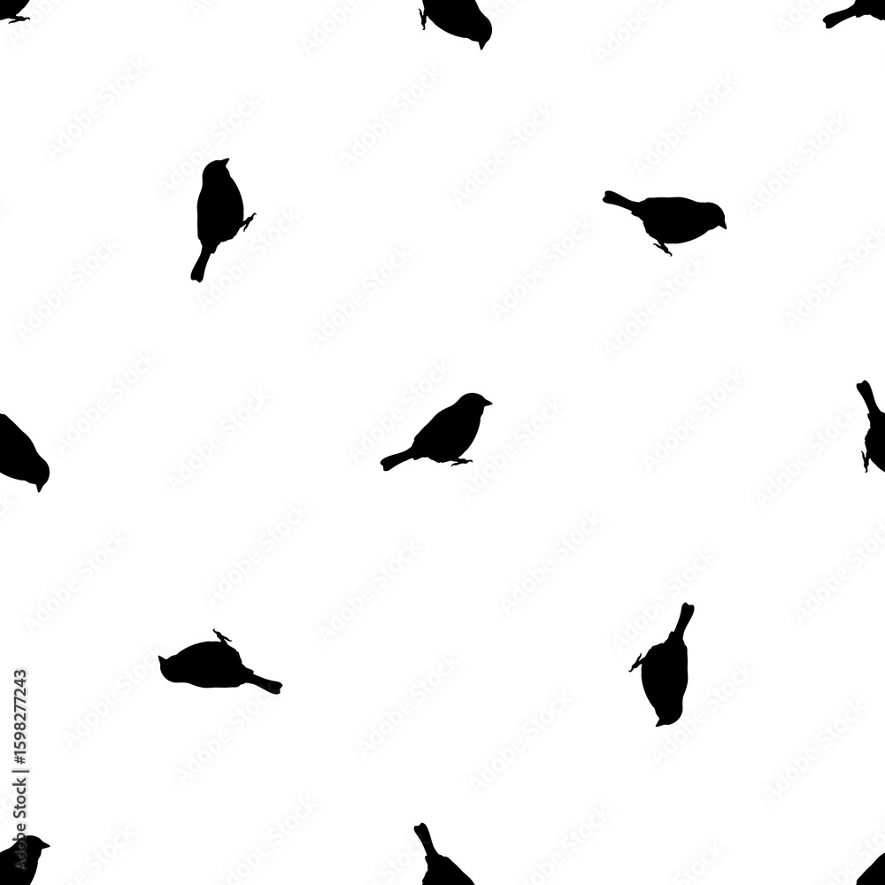 Aufkleber Seamless pattern of repeated black bird sparrow symbols. Elements are evenly spaced and some are rotated. Illustration on transparent background