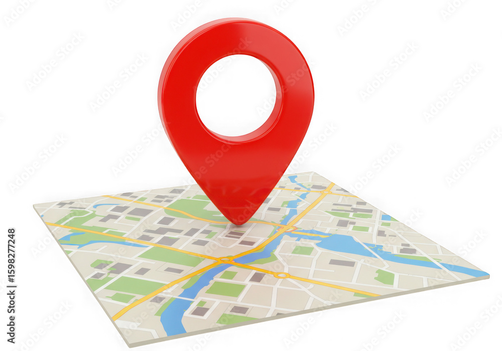 Poster a red location pin is placed on a detailed city map symbolizing navigation and