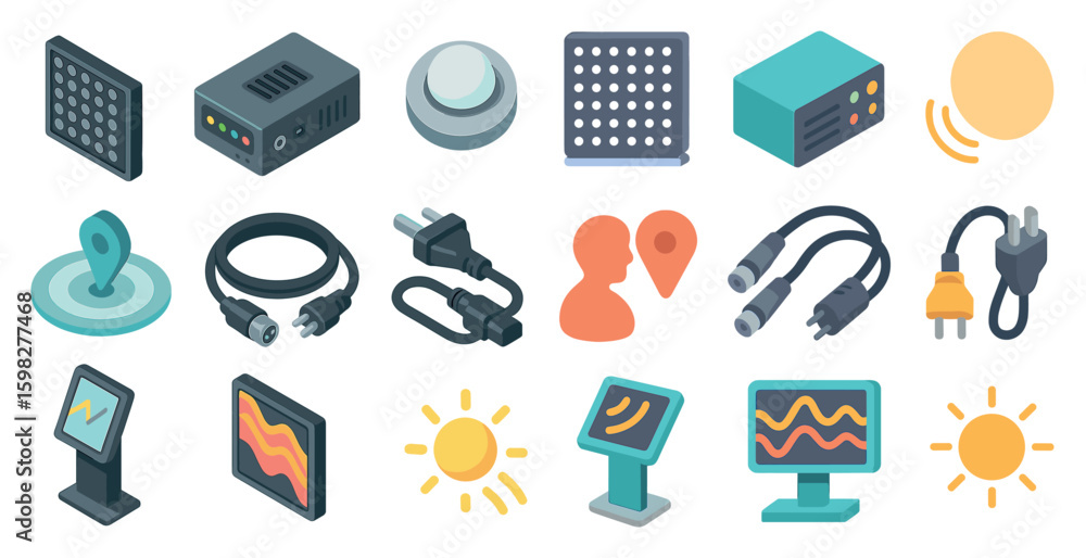 Aufkleber technology and devices icons set – isometric, flat, tech and gadget symbols
