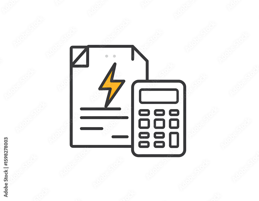 Poster a clean vector-style icon showing an electricity bill document with a lightning bolt symbol, dollar 