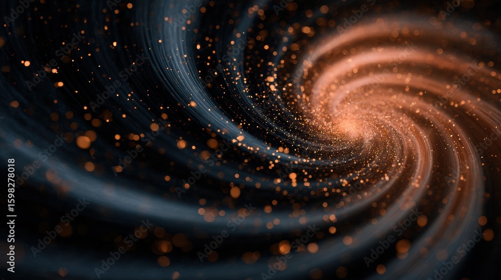 Poster a mesmerizing swirl of golden particles creating a cosmic effect in a dark background, evoking feeli