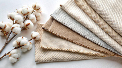Soft cotton fabric and natural cotton bolls arrangement
