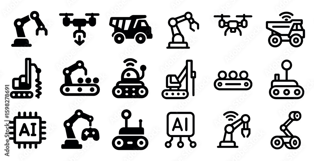 Poster robotics and drone outline icons set – tech, ai, automation symbols