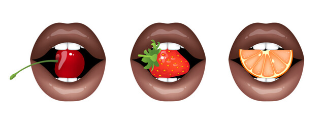 Beautiful sexy lips of black girl holding cherry, strawberry and orange slice. Set of isolated vector illustrations