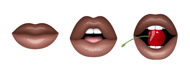 Beautiful sexy lips of a black girl. Set of isolated vector illustrations