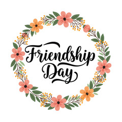 Happy friendship day floral greeting with sunflower and daisy wreath on beige background 