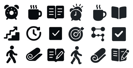 Productivity and organization icons set – solid, filled, efficiency and planning tools