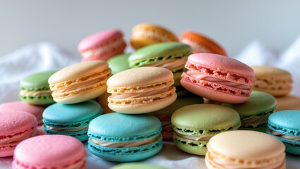 Obraz premium Colorful macarons with pastel shades arranged on a soft surface.