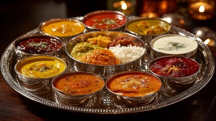 Colorful indian thali showcasing diverse curries, rice, and accompaniments, served on a decorative silver platter in a warm, inviting setting