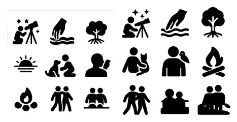 Fototapeta premium Outdoor activities solid icons set – adventure, exploration, nature symbols