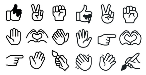 Hand gesture line icons set – outline, linear, expressive and symbolic gestures