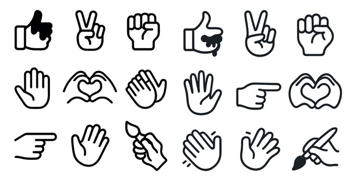 Hand gesture line icons set – outline, linear, expressive and symbolic gestures