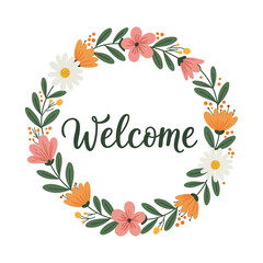 Welcome - vector calligraphic inscription with round flower