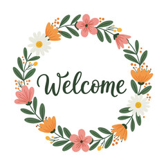 Welcome - vector calligraphic inscription with round flower