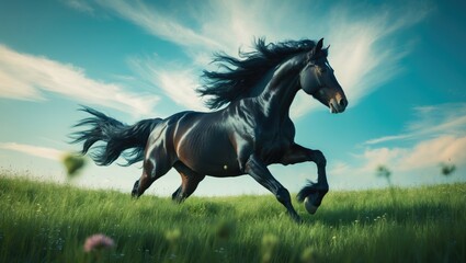 Fototapeta premium A black horse running freely across green fields under a bright sky.