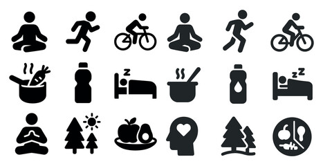Fitness and wellness solid icons set – silhouette, filled, health and exercise symbols