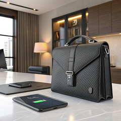 Modern Black Leather Briefcase on Office Desk with Charging Devices

black leather briefcase, modern office, business bag, laptop charging, wireless charger, executive style, professional workspace, o