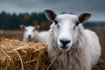 Fototapeta premium Sheep and hay bale on a farm in the countryside