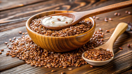 A wooden bowl filled Assortment of and sesame seeds in and a wooden spoon.