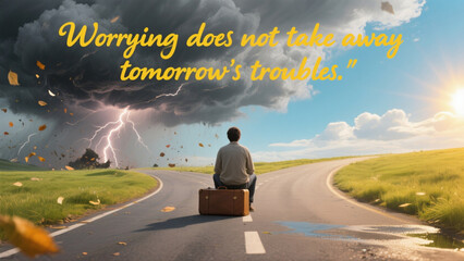 A man sits in the middle of a road with a suitcase next to him. The sky is cloudy and stormy, and the man is in a state of worry. Concept of unease and uncertainty