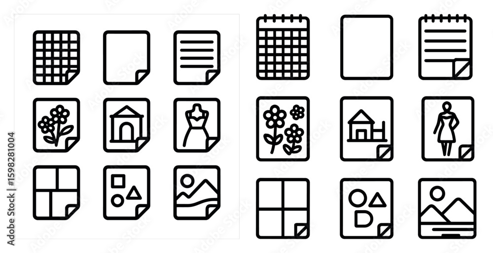 Poster document and organization line icons set – outline, linear, file management symbols