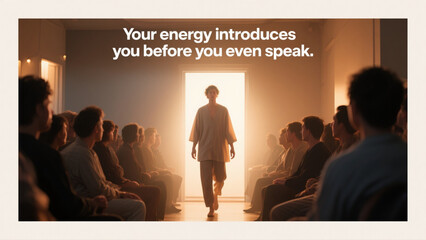 A man walks into a room full of people. The room is lit with a bright light. The man is wearing a white shirt and pants. The people in the room are sitting in chairs