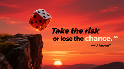 A dice is flying in the air above a cliff with a sunset in the background. The quote "Take the risk or lose the chance" is written below the image