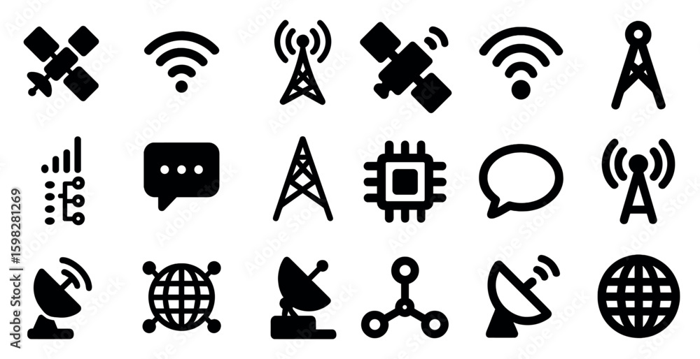 Aufkleber communication and networking icons set – solid, filled, digital data visuals