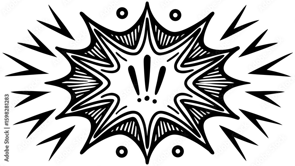 Poster stylized black and white explosion with exclamation points and radiating lines for emphasis and impa