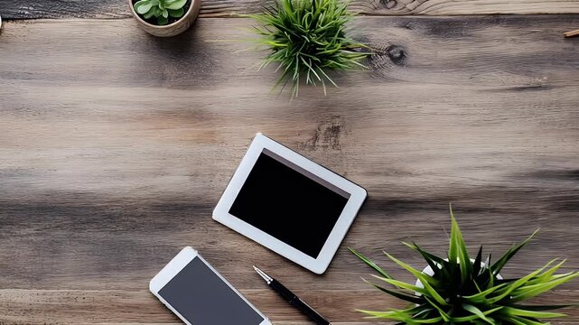 Tech and plants on wooden desk computer mouse, devices, pen, potted plants, copy space