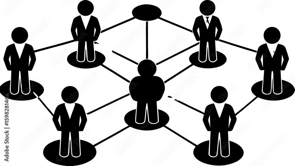 Poster illustration of a network of people connected by lines in a hierarchical structure with nodes and li