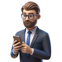 3d cartoon businessman with beard and glasses using smartphone isolated on transparent background