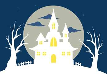 Photorealistic Spooky Scene of Three Haunted Houses Vector Illustration with Eerie Atmosphere and Dark Moody Colors for Halloween