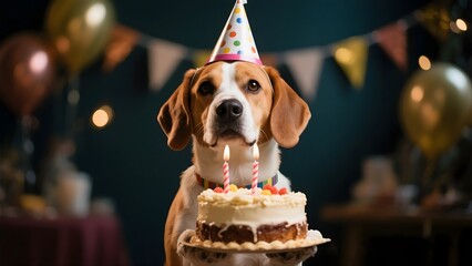 Adorable Beagle Dog Celebrating Birthday with Cake and Party Hat Surrounded by Colorful Balloons