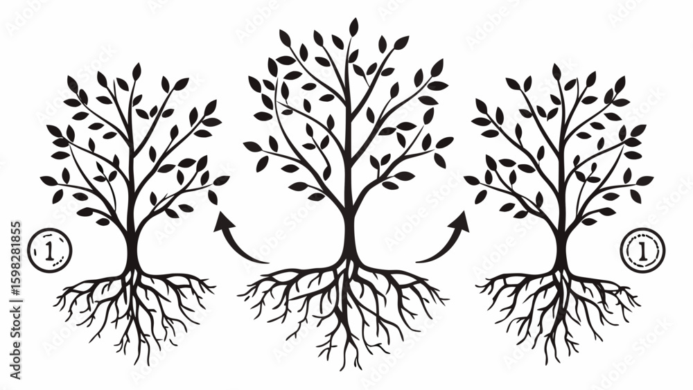 Poster three trees with roots and leaves connected by arrows in a repeating pattern on white background cre