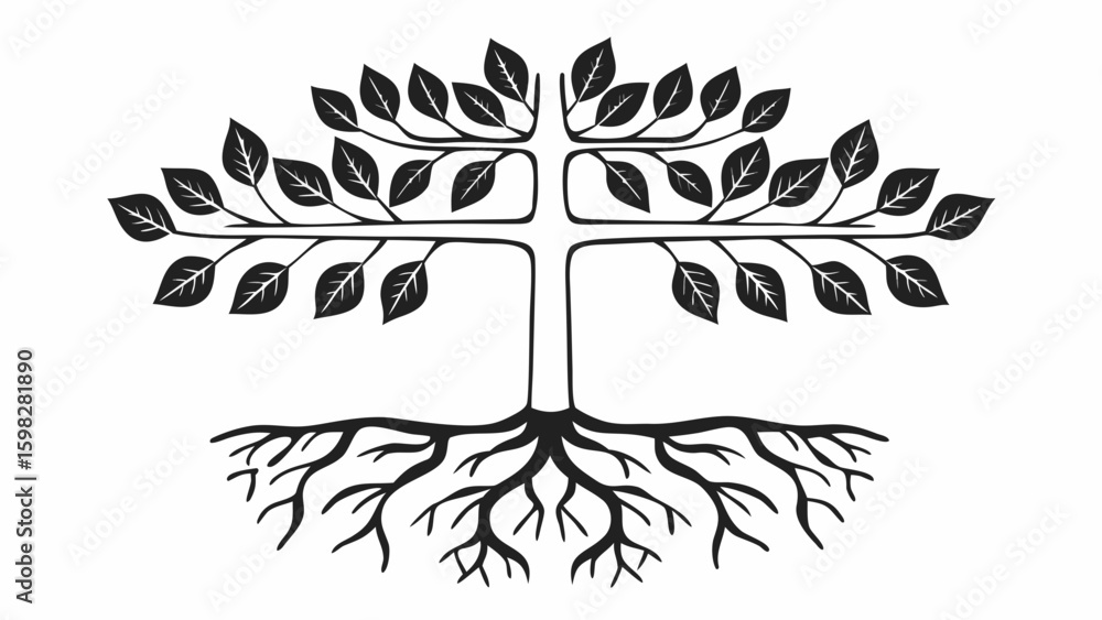 Poster stylized black and white tree with leaves and roots forming a cross shape symmetrical design element