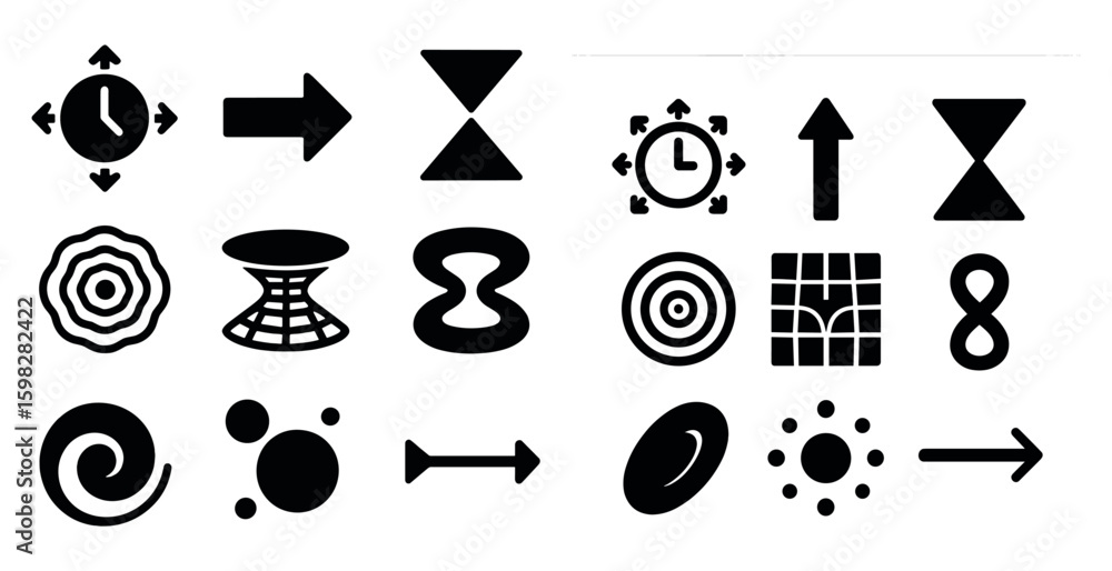 Poster time and clock solid icons set – flat, filled, schedule and alarm symbols
