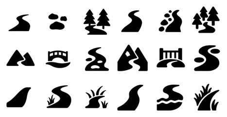 Nature and landscape silhouette icons set – solid, filled, outdoor scenery symbols