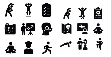 Obraz premium Fitness and exercise solid icons set – filled, workout and activity symbols