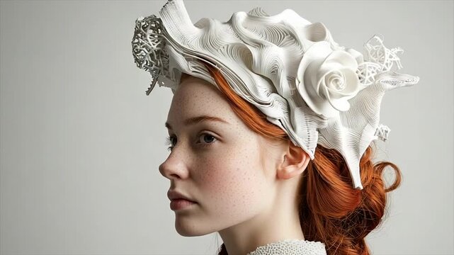 Profile of redhead woman wearing a large, white, sculpted headpiece with floral accents