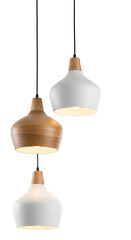 Obraz premium Three Modern Wood and White Pendant Lights on Transparent Background