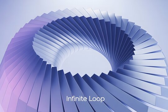Abstract 3D rendering of an infinite loop or spiral staircase with a gradient of blue and purple tones