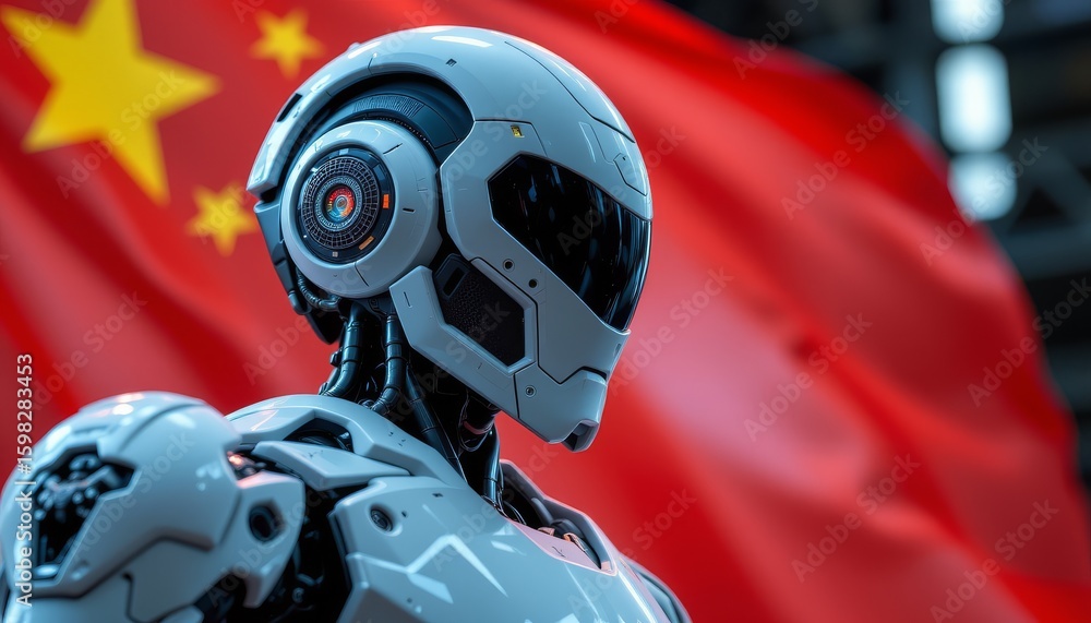 Poster futuristic robot close-up china technology image industrial setting eye-level view innovation concep