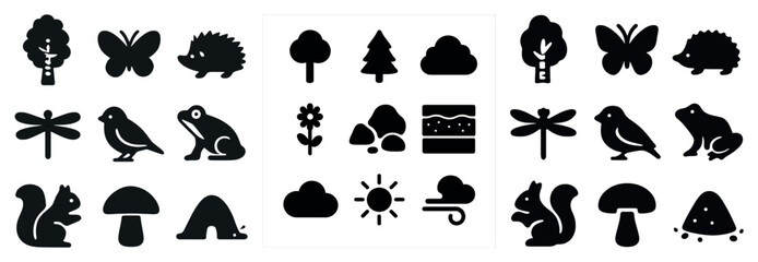 Woodland creature icons set – solid, filled, forest and wildlife symbols