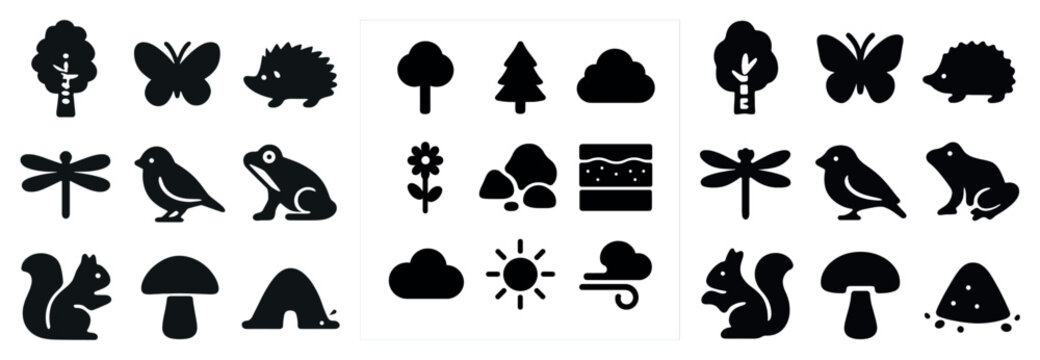 Woodland creature icons set – solid, filled, forest and wildlife symbols - Powered by Adobe