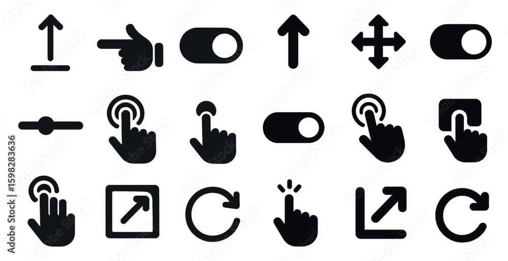 Poster user interface icons set – solid, silhouette, click and navigation elements
