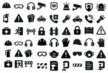 Comprehensive safety and security icons set – filled, solid, protection symbols