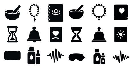 Meditation and wellness silhouette icons set – filled, mindfulness, relaxation symbols