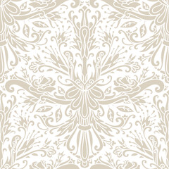 Damask style pattern, boho, abstraction, swirl flowers, beige and white colors. Seamless floral pattern-791.